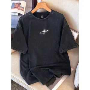 Vintage Washed Black Star Graphic T-Shirt, Oversized Streetwear Tee for Men & Women, Retro Acid Wash Casual Cotton Top, Y2K Aesthetic Short Sleeve Shirt