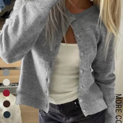 Women's Solid Color Round Neck Button Front Long Sleeve Knit Cardigan, Y2K Casual Versatile Sweater for Fall & Winter Knitwear, Buttons Front Cardigan