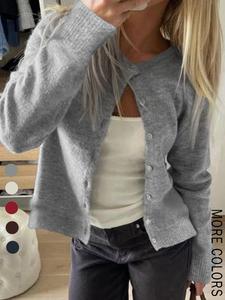 women's solid color round neck button front long sleeve knit cardigan, y2k casual versatile sweater for fall & winter