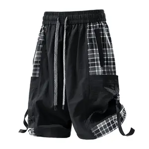 Men’s plaid patchwork casual shorts for summer — trendy brand, loose cargo fit, mid-thigh length with large pockets; versatile straight-cut shorts summervibes