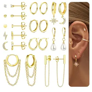 FASACCO Earring Set for Multiple Piercing Plated Chain Earrings Earrings Set Stud Hoop Earrings Set Moon and Star Pearl Dangle Earrings