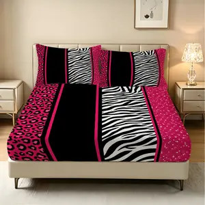 3Pcs Rose Red Leopard Print Fitted Sheet Set, Fashion Bedding Set, Soft Polyester Fabric, Deep Pocket Design, Machine Washable, Fade Resistant, All Season Universal, Suitable for Bedroom Decoration