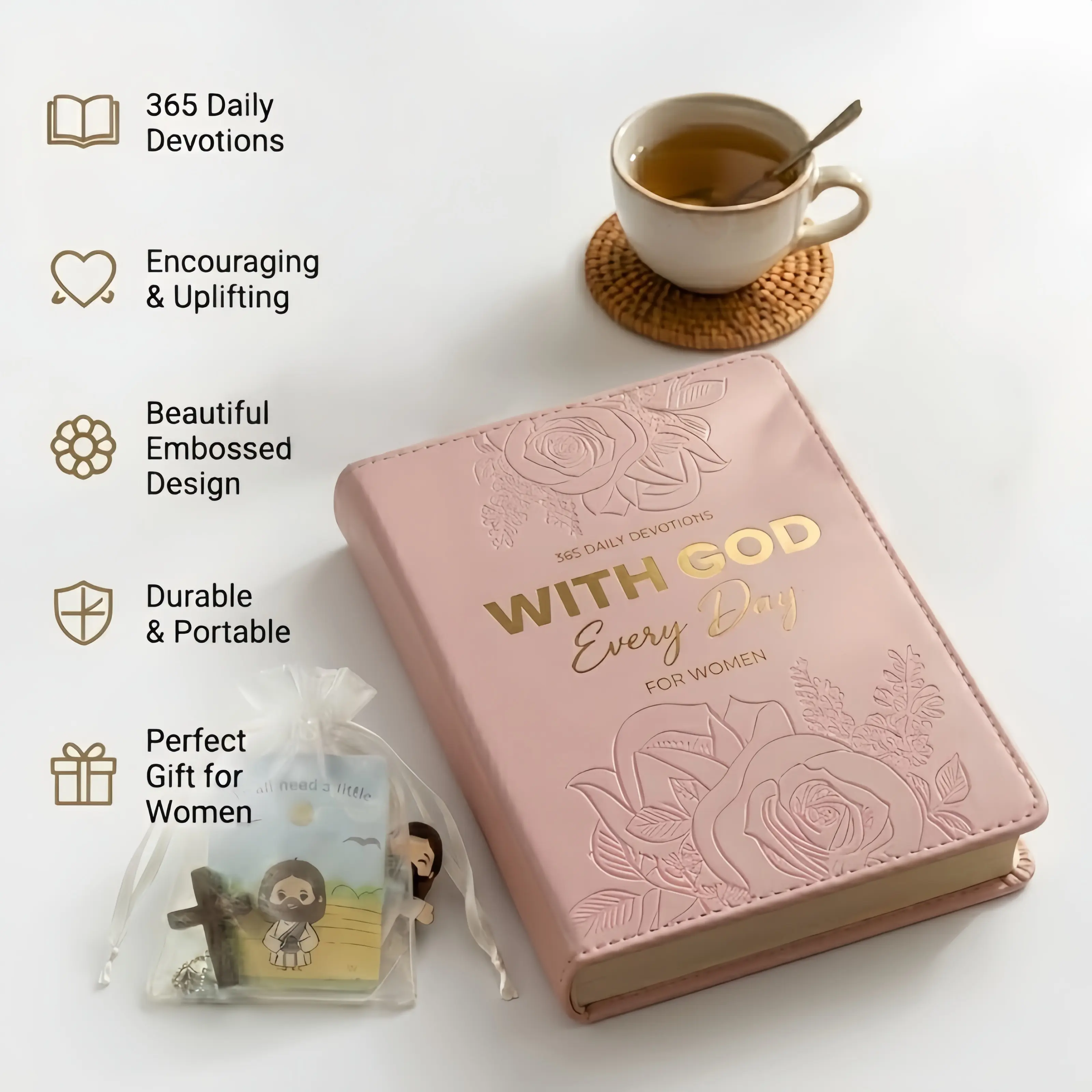 365 Daily Devotional for Women, Pink Faux Leather Bible Study Journal with Gold Foil & Floral Embossing, Daily Inspirational Prayer Book Gift