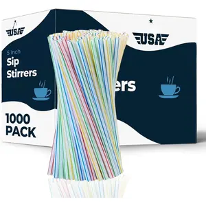 1000 Coffee Stirrers Stir Sticks - 5"  Straws Drink Stirrer - Striped Assorted Colors Swizzle Barware  Short Plastic Disposable Stirring Straw,  Coffee Bar Accessories Supplies
