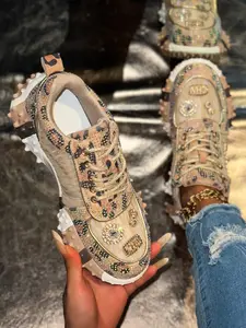 Women's Thick Sole Rubber Height Increasing Dad Shoes, Handmade Embellished Fashion Luxury Leopard Print Casual Women's Trainer Shoes, Unique Design Comfortable Sneakers, Walking Shoes