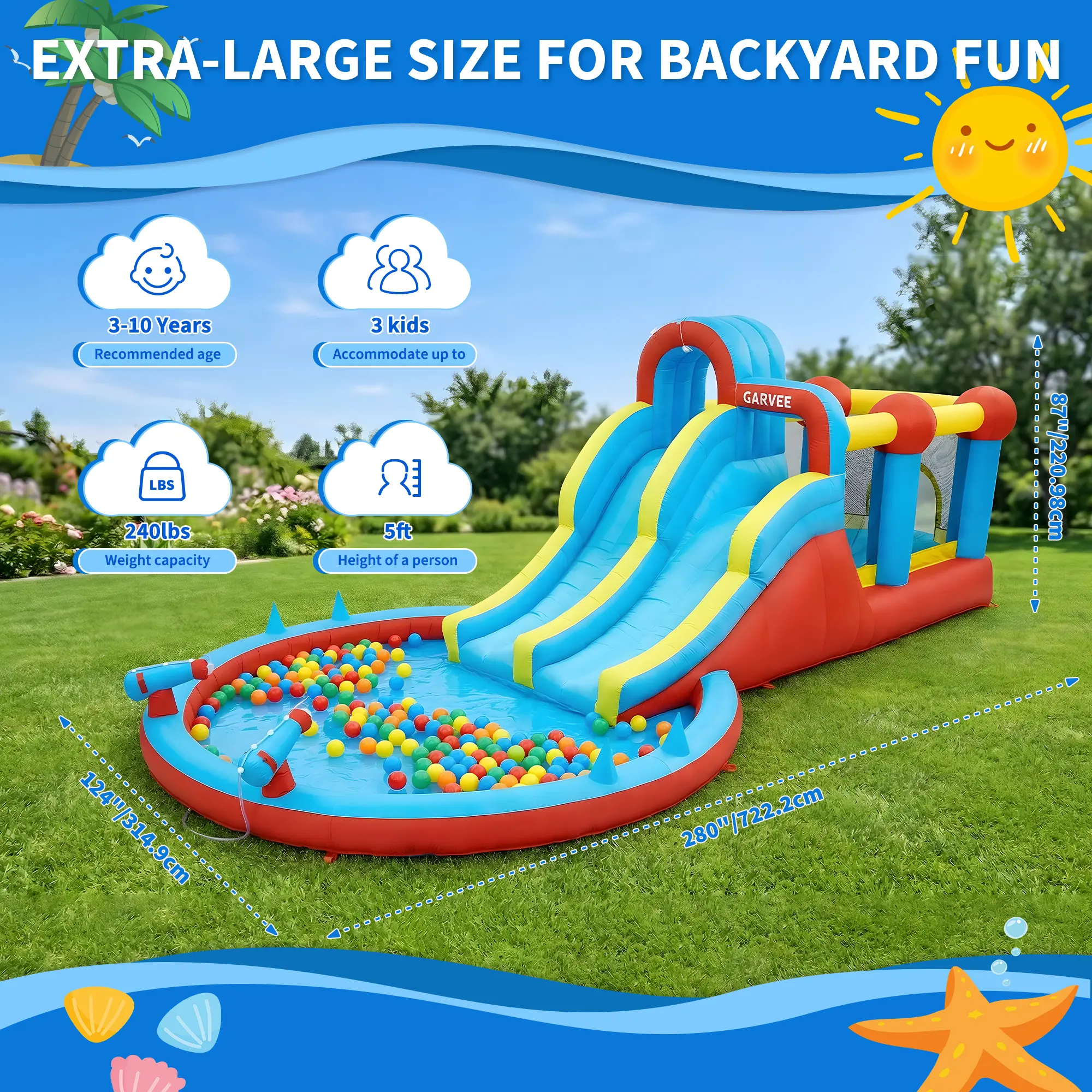 GARVEE 6-in-1 PVC Fabric Inflatable Water Slide Park - Blower Power, Dual Racing Slides, Climbing Wall, Trampoline, Kiddie Pool, All-Season Outdoor Backyard Water Play for Kids 3-12, US Standard