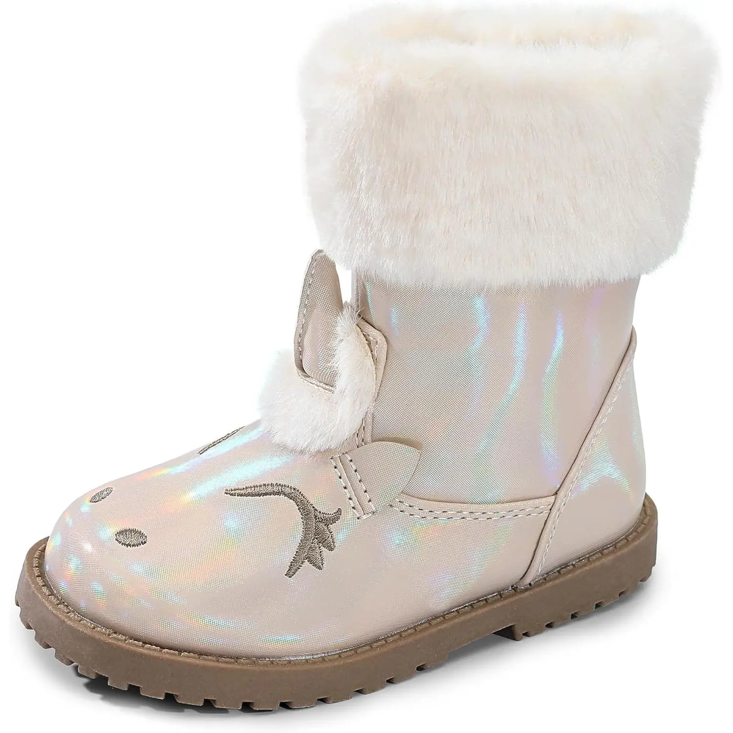 Girls' Unicorn Winter Snow Boots, Ankle Height Toddler Boots with Side Zipper, Warm Flat Heel and Non-Slip Sole, Unicorn Look, Round Toe, Toddler Girls