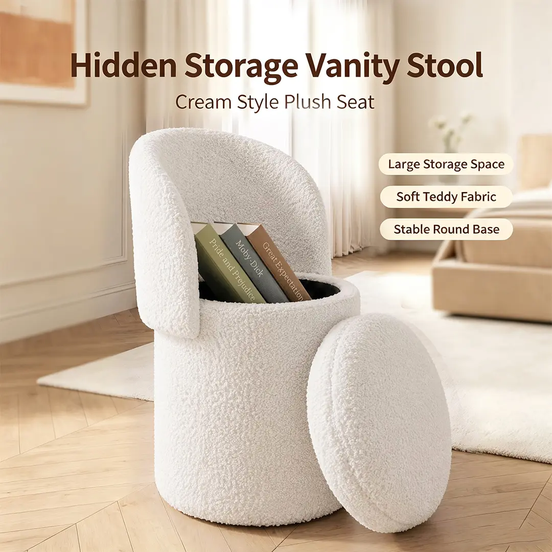 Upholstered Makeup Stool with Storage, Foldable Backrest and Cylindrical Footrest - Modern Indoor Furniture for Bedroom, Living Room (Pink/Beige/Black)
