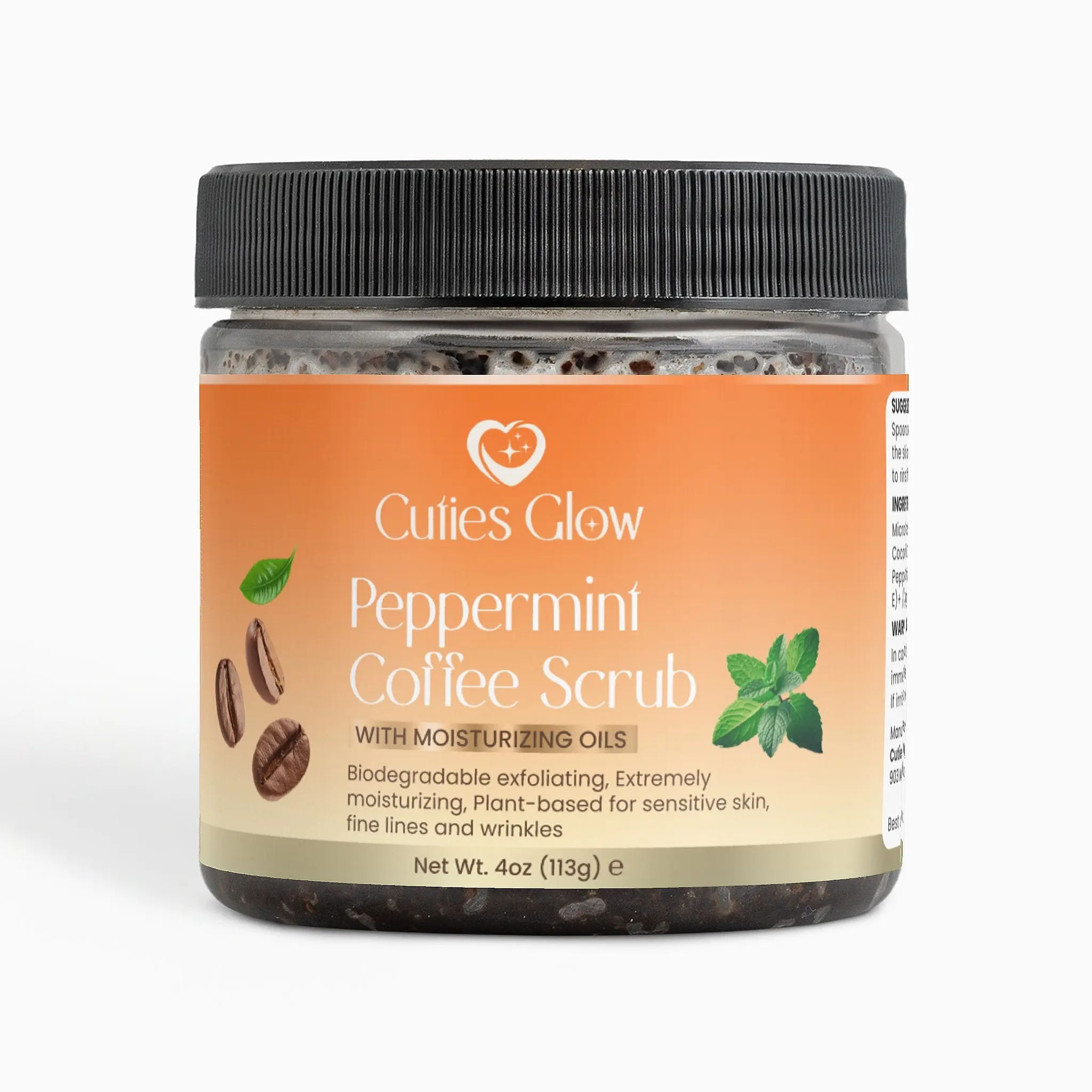 Cuties Glow Peppermint Coffee Scrub - 4oz Biodegradable Exfoliant for Sensitive Skin with Antioxidant-Rich Coffee & Moisturizing Oils