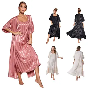 Satin Slip Dress & Robe 2 Piece Set| Elegant Silk Nightgown Loungewear| Smooth Striped Texture| For Women & Ladies| Home Lounging Relaxing| Premium Luxury Sleepwear Suit