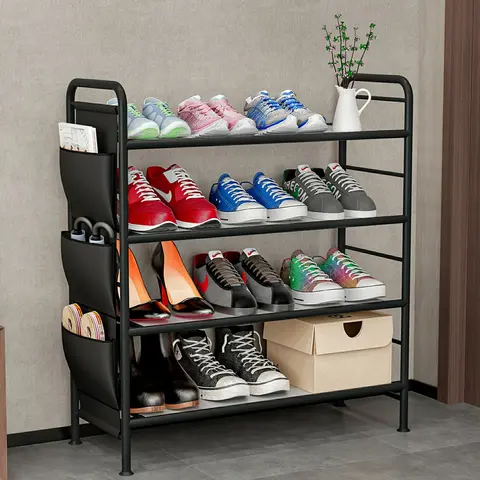 SUOERNUO Free Standing Rectangular Metal Shoe Rack - 2/3/4/5-Tier Home Organizer, Thickened Sturdy Iron Pipe Structure, Strong Base, Side Bag, Plastic Accents, Quick Assembly, Adjustable, Entryway Storage, 18-24 Pairs Capacity, Rolls of Paper Compatible