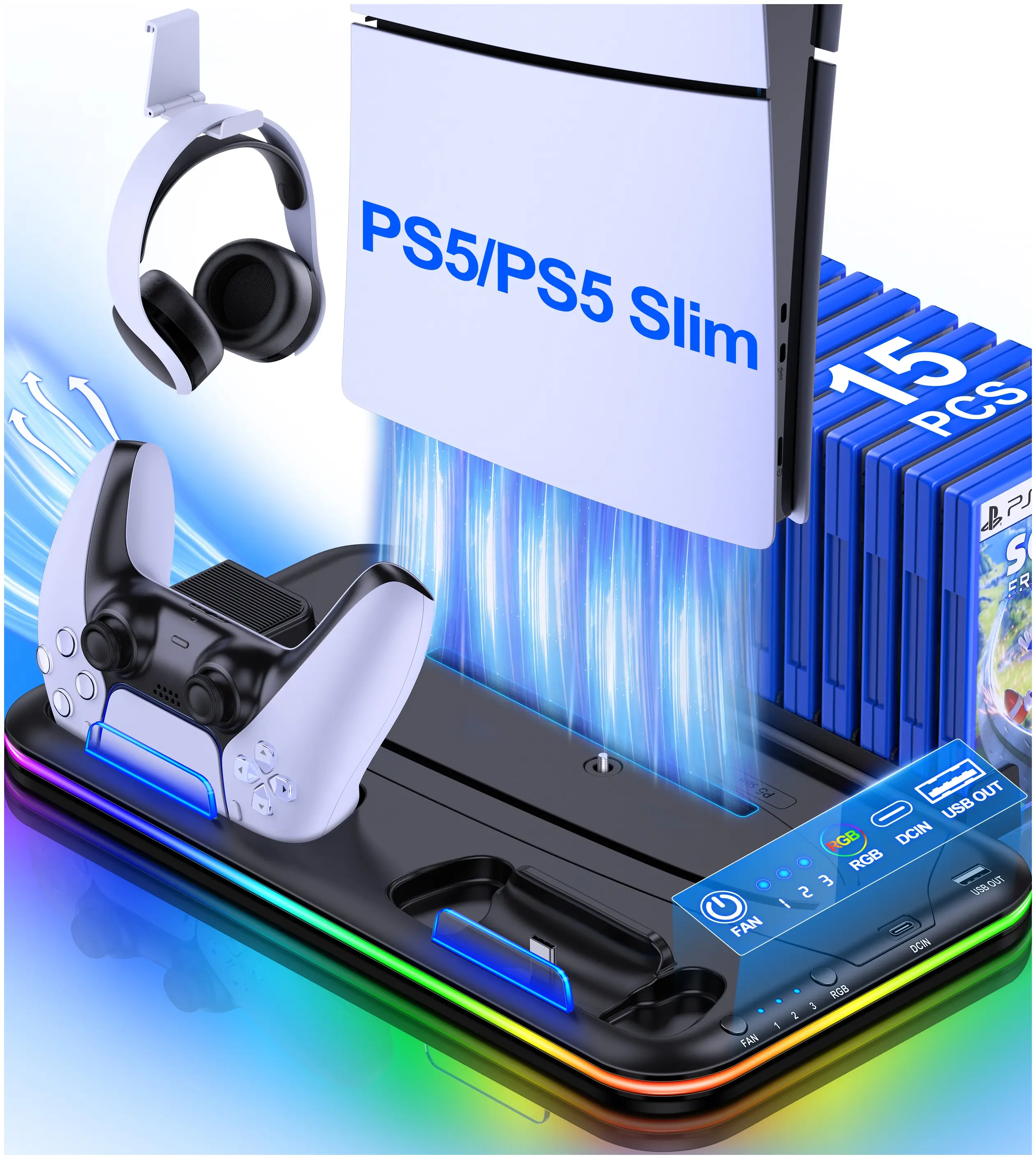 RGB PS5 Cooling Station with Controller Charging Station for Playstation 5 Slim/Disc/Digital Editions, Cooling Stand for PS5 Accessories with Controller Charger, Headset Holder, 15 Game Slot