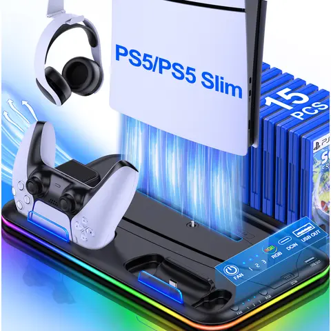 Beboncool Gradient RGB Cooling Station for PS5 Accessories - Adjustable Speed Fans, Cool RGB Lights, Charge Status Lights, Fast-Charging Fixed Type-C Port, Controller Charger, Headset Holder, 15 Game Card Slots (Fits 2020 Console, Slim, Digital Edition)