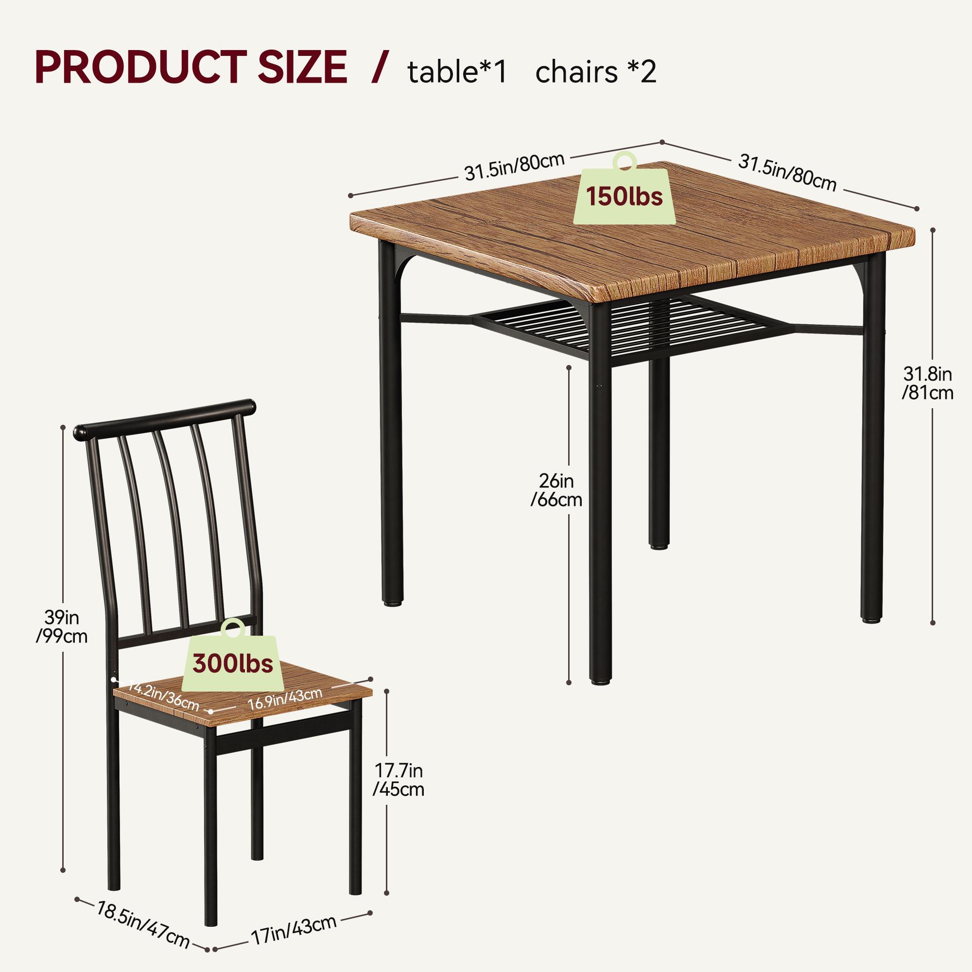 Space-Saving 3-Piece Dining Table Set for 2, Compact Kitchen Table & 2 Chairs with Storage Shelf, Non-Toxic Smooth MDF Tabletop, Rustic Brown Small Bistro Furniture for Apartments & Small Spaces