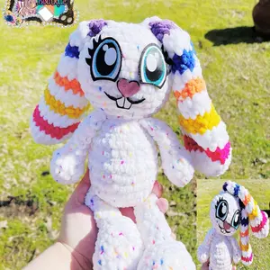 Polka dot bunny crochet plushies, rainbow ears, white bunny, long ear bunny