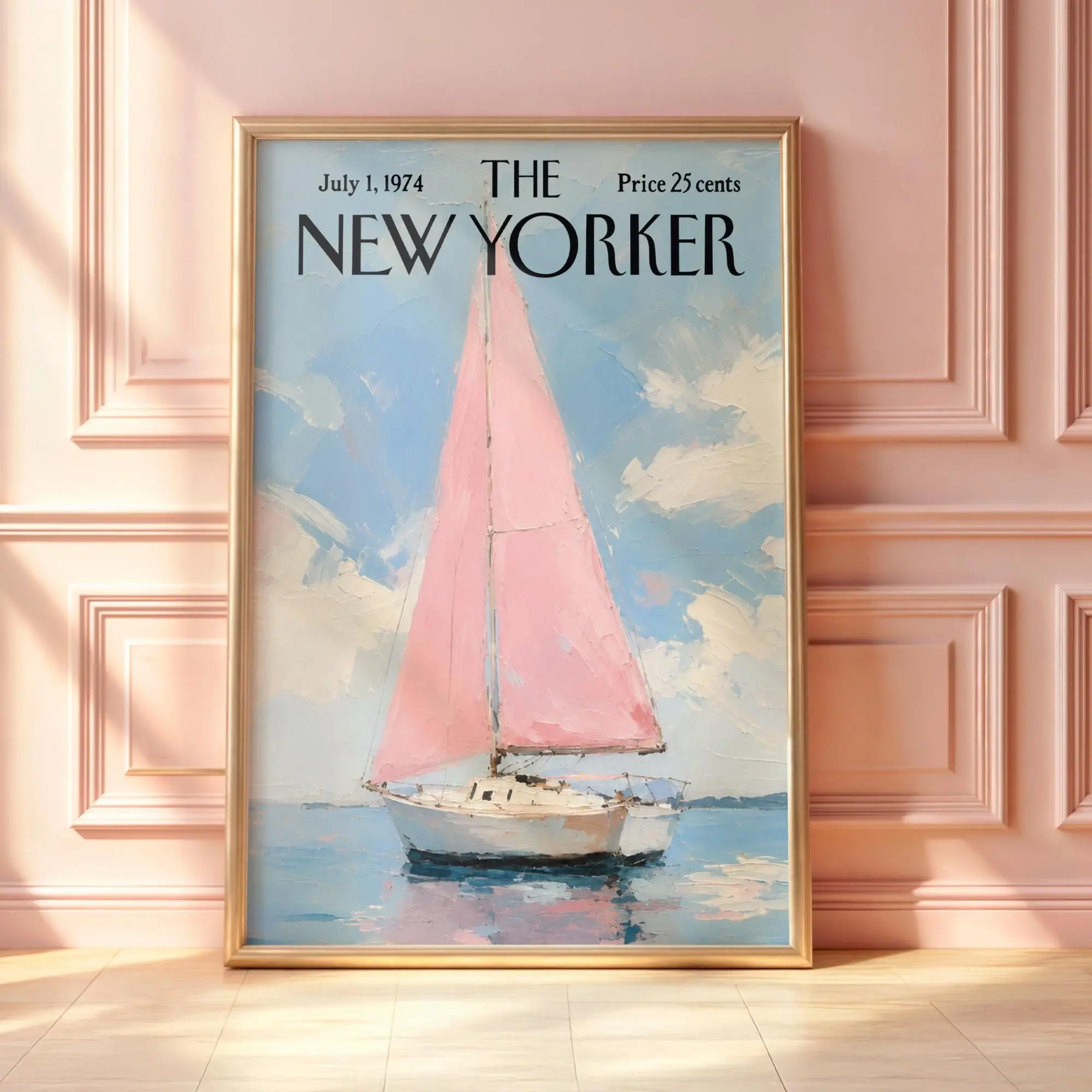 Vintage New Yorker Poster, Retro Pink Sailboat Ocean Print, Coastal Nautical Wall Art, Mid-Century Magazine Cover, Pastel Home Decor