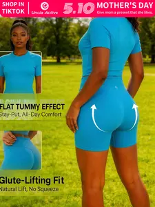 Uncia Active Women's Tracksuit Set - No Seamless Shorts & Raglan Sleeves Tee with Flat Tummy Effect & Glute-Lifting Fit