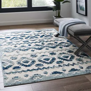Modway Reflect Takara Abstract Diamond Moroccan Trellis 5x8 Indoor and Outdoor Area Rug in Ivory and Blue