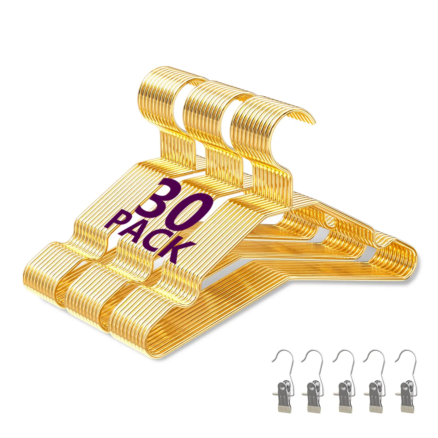 WSJYKN 30-Pack Durable Glossy Slender Gold Metal Baby Nursery Hangers, 12-in Elegant Hangers with Pegs (25 lbs Capacity), 5 Bonus Clips for Bedroom Organizer, Towels
