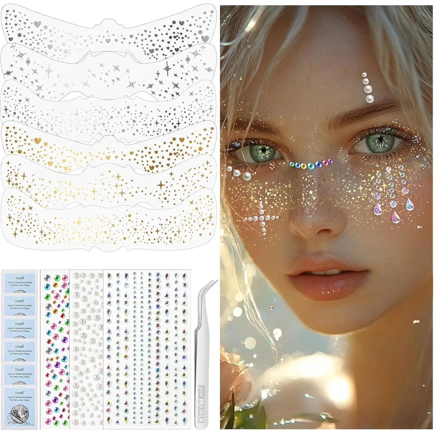 Glitter Freckle Tattoos & Face Gems Set for Women, 9-Piece Waterproof Long-Lasting Metallic Stickers in Gold, Silver & Rose Gold for Festival Makeup, Glitter Tattoos, Water Proof