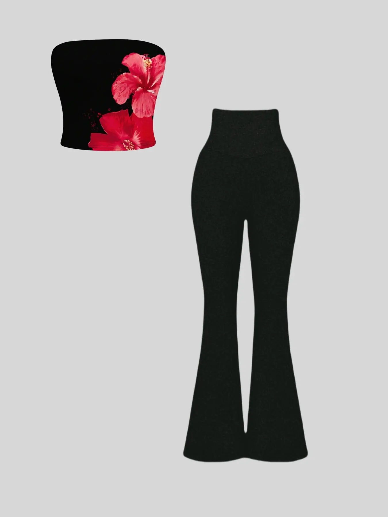 Two-Piece Set Women's Floral Print Flare Leg Pants & Tube Top, Casual Fashion Cozy Bell Bottom Trousers & Sleeveless Top for Daily Outdoor Wear, Ladies Summer Clothes, Stretchy Outfit Sets, Suits, Matching Sets, Womenswear