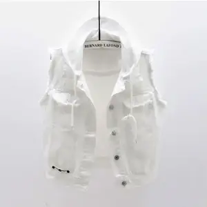 New Spring Autumn Women Fashion Hooded Denim Jacket Waistcoat White Black Vest Female Short Gilet Sleeveless Jeans Coat Tops Womenswear