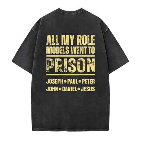 Men's Casual Graphic Tee, "All My Role Models Went to Prison" Back Seamless Print - Soft Fitted 100% Cotton Top, Faith tee,Round Neck, No Peeling, Short-Sleeve Smooth Fabric