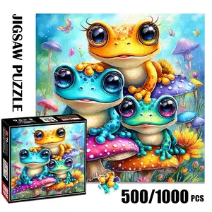 1pc 1000 piece adult puzzle 58x58cm Adorable Frogs on Colorful Mushrooms with Butterflies 500 pieces paper jigsaw puzzle suitable for DIY creative games for adults and families, birthday and holiday Animal Shape Puzzle