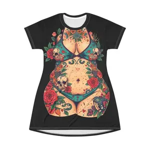 Tattooed Pinup Bikini T-Shirt Dress Floral Skull Retro Boudoir Print Crew Neck Lightweight Polyester A-Line Dress