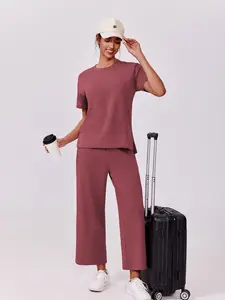 PINSPARK 2 Piece Tracksuit for Womenswear Soft Short Sleeve Outdoor Wide Adjustable Leg Pockets Pants Lounge Matching Travel Summer  2025  Springtok Outdoorfun