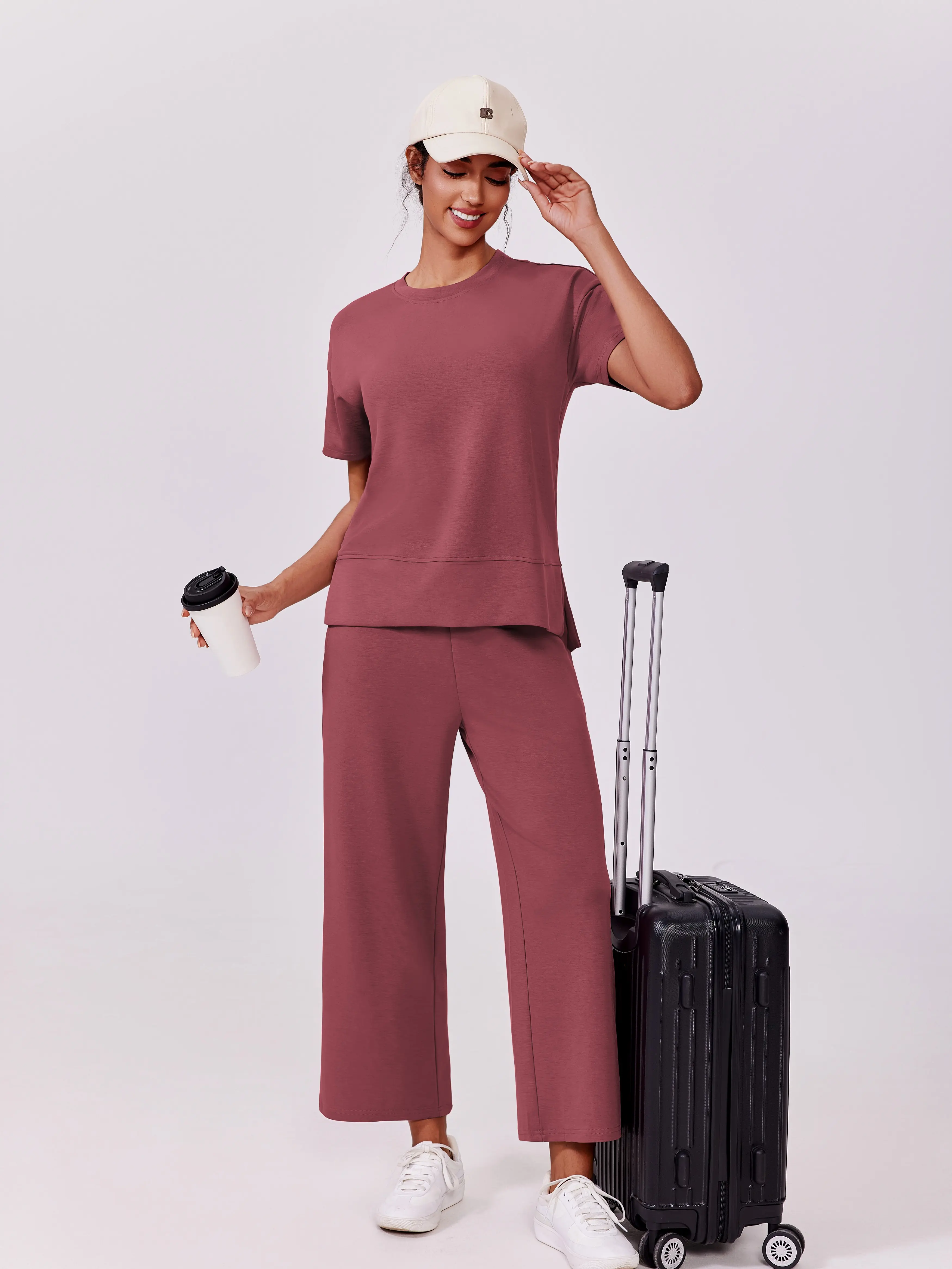 PINSPARK 2 Piece Tracksuit for Womenswear Soft Short Sleeve Outdoor Wide Adjustable Leg Pockets Pants Lounge Matching Travel Summer 2025 Springtok Outdoorfun,summerwins,travel essentials,camping essentials sohochic