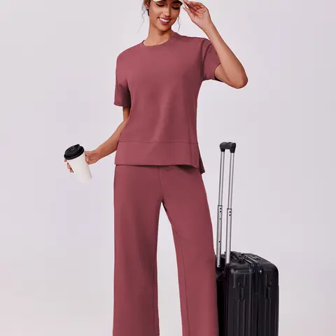 PINSPARK Women's 2-Piece Crew Neck Soft Short Sleeve Tracksuit - Wide Adjustable Leg Pocket Pants, Sweatsuit Set Outfit, Yoga Suit Set, Workout Running Outfits, Gym Clothes, Lounge Essentials, Sohochic 2025