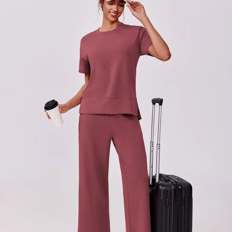 PINSPARK Women's 2-Piece Crew Neck Soft Short Sleeve Tracksuit - Wide Adjustable Leg Pocket Pants, Sweatsuit Set Outfit, Yoga Suit Set, Workout Running Outfits, Gym Clothes, Lounge Essentials, Sohochic 2025