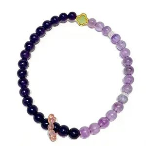 Amethyst Bracelets - Deep & Light Shades of Amethyst Beads with Gold Accents for Women's Fashion Jewelry Trendy Stack Bangle