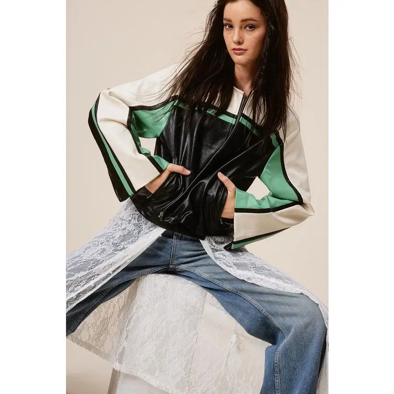 Barcelona Faux Leather Stripe Racer Moto Jacket