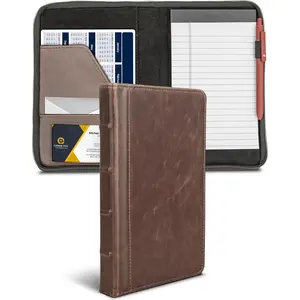 Small  Portfolio/Zipper Faux Leather Portfolio, Book Style Hardback Design, Business & Interview Padfolio Organizer, Holds 5 x 8 Writing Pad, Dark Brown