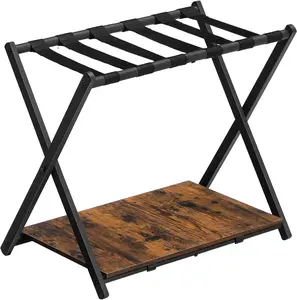 Folding Luggage Rack, Suitcase Stand Holder with Wooden Storage Shelf, Holds up to 110 lb, 27.2 x 15.7 x 24 Inches, for Guest Room, Bedroom, Closet, Hotel, Rustic Brown and Black BF68XL01G1