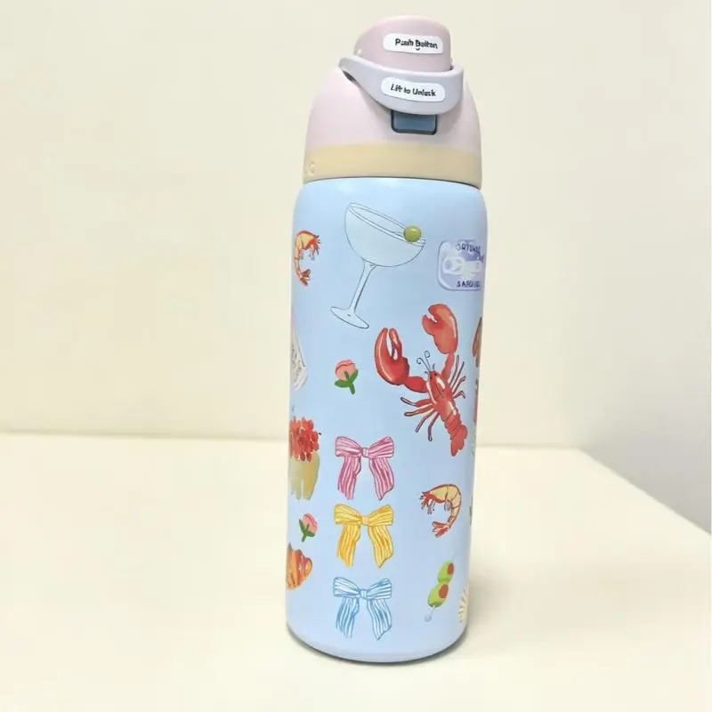 Owala 32oz Pure Copper Vacuum Flask Tumbler - Rosé & Croissant Picnic Design, Portable Bottled Drinkware, Icy Cold All Day, Floral Fashion Accessory with Bag, Glass Juice Lids, Straws & Duck Can