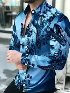 Men's Long-Sleeve Casual Lapel Collared Shirt Novelty Print Pattern