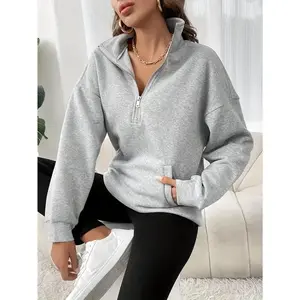 Women'S Solid Color Half-Zip Drop Shoulder Sweatshirt with Zipper