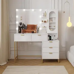 Gaomon LED Vanity Table - Lighted Modern Vanity Desk with Built-in Lights, 5 Drawers, Power Outlet, Built-in Charger for Bedroom, White & Gold
