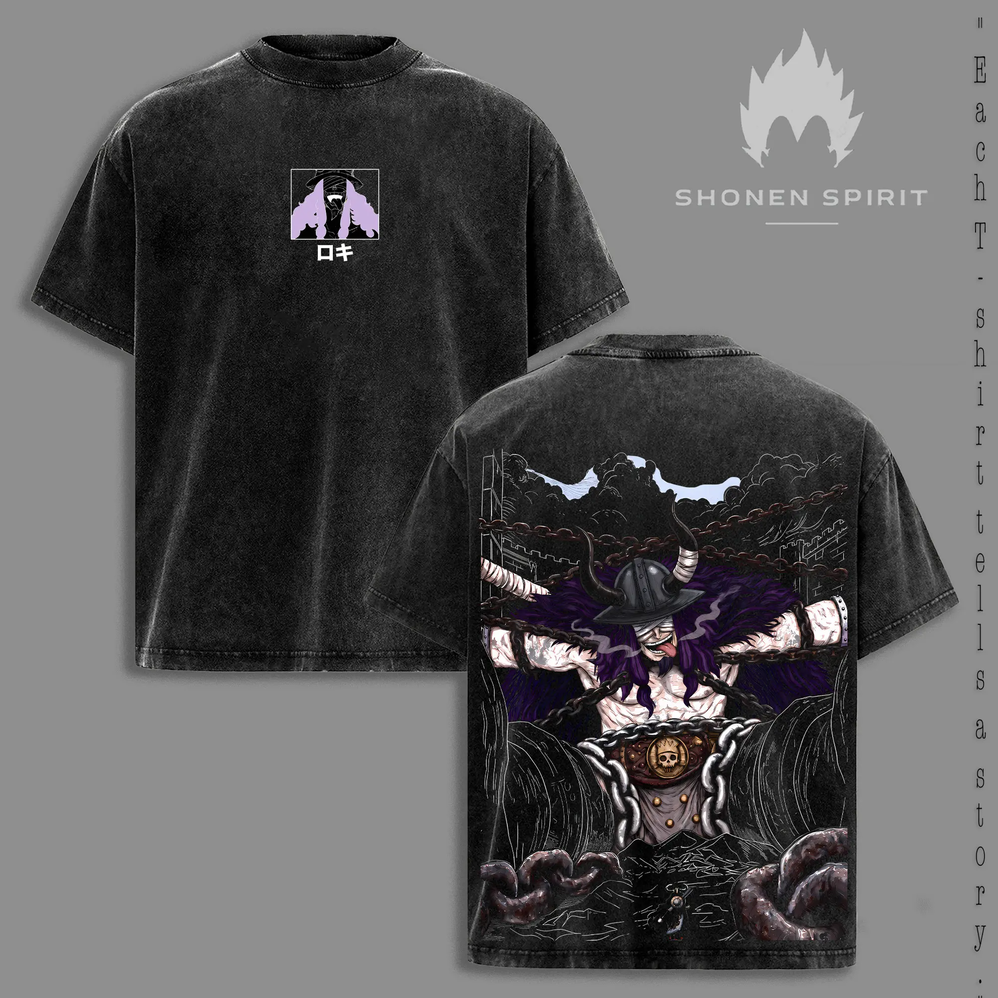Loki – One Piece Washed T-Shirt, Elbaf Giant Anime Graphic Tee, Viking Prince Design Oversized Heavyweight Cotton