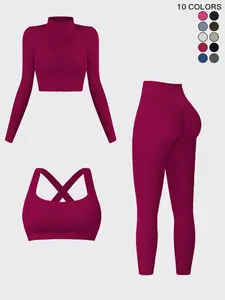 Women's Solid Criss Cross Crop Tank Top & High Waist Tummy Control Butt-Lifting Leggings & Zip Up Crop Jacket Tracksuit Set, Breathable Outfits for Yoga Gym Workout Running, Athletic Activewear, Workout Running Clothes, Sports Quick-Drying Set