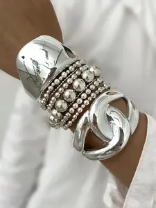 Elegant Punk Style Bracelet Set for Women, Includes 9 Piece Ccb Beaded, Bold Cuff & Bold CC Cutout Bangles, Perfect for Parties, Weddings, and Everyday Wear