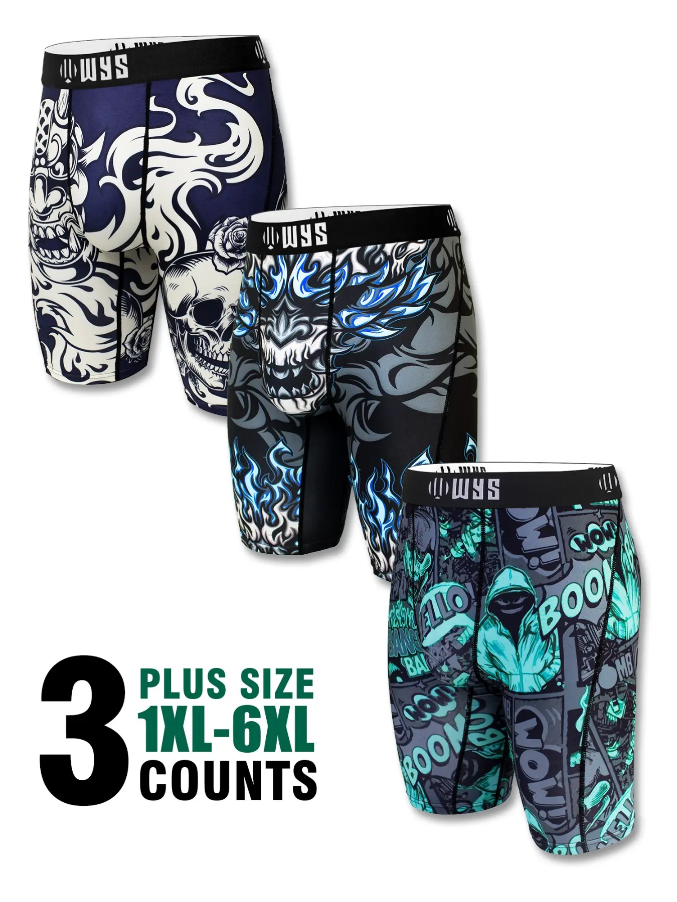 3 Pack Plus Size Men's Long Boxer Shorts 1xl-6xl Breathable Sports Printed Underwear Moisture Wicking Quick Dry Comfy Casual Trunks Performance Boxer Briefs