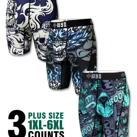 3 Pack Plus Size Men's Long Boxer Shorts 1xl-6xl Breathable Sports Printed Underwear Moisture Wicking Quick Dry Comfy Casual Trunks Performance Boxer Briefs