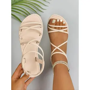 Fashionable Crossed Strap Slides, Casual Comfortable Leather Flat Sandals for Beach, Lightweight Design Slides for Daily Wear, Walking Shoes, Rubber, Footwear for Beach, Trending Sandals, Trendy Sandals