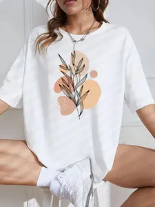 Simple Line Floral Pattern Color Block Print Round Neck T-Shirt, Oversized Loose Fit