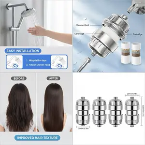 15 Stages Shower Water Filter for Kitchen Faucet Filtration Removes Chlorine & Heavy Metals Softens Hard Water Chrome Shell Cartridge