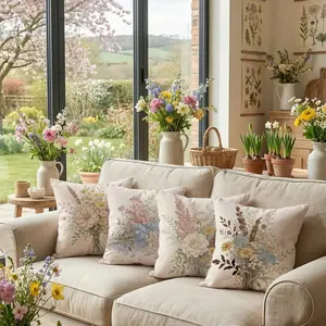 Set of 4 Decorative Spring Wreath Pillow Covers, Dried Wildflower Bouquets & Butterfly Linen Cushion Cases, Rustic Room Decor